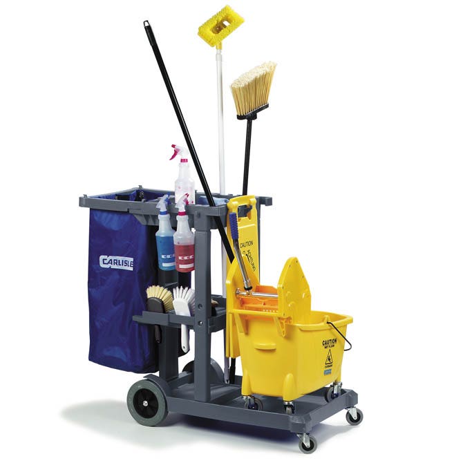 Carlisle JC1945S23 3-Shelf Janitor Cart with Utility Bag