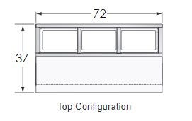 Top down sketch of the pizza prep table showing the wells and cutting board. Shows width of 72 inches and depth of 37 inches.