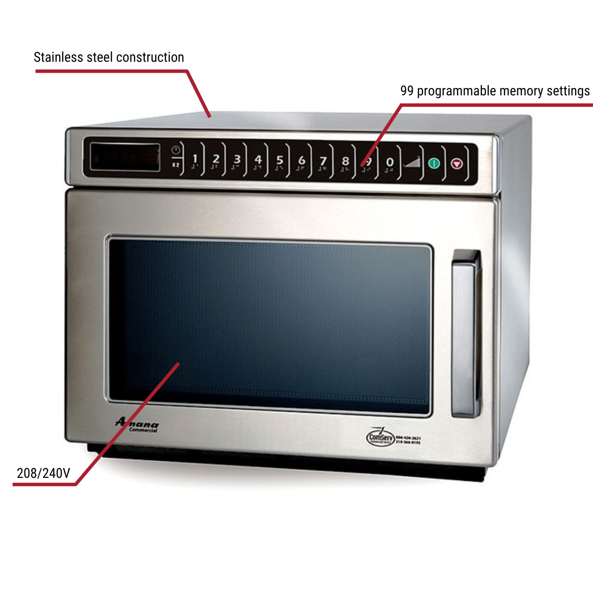 Amana HDC182 0.6 cu. ft. 1800 Watt Heavy Duty Programmable Microwave Oven 16-1/2"W, Stainless Steel Construction, 99 Programmable Memory Settings