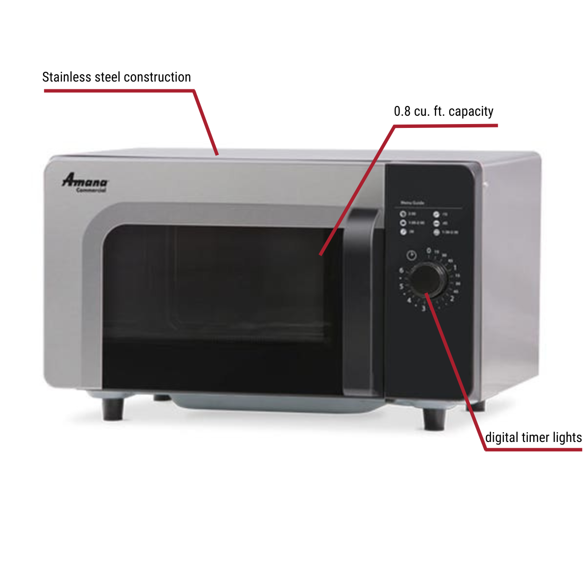 Amana RMS10DSA 0.8 cu. ft. 1000 Watt Commercial Microwave Oven with Dial Timer 20-1/8"W With Callouts to Stainless Steel Construction, Digital Timer Lights