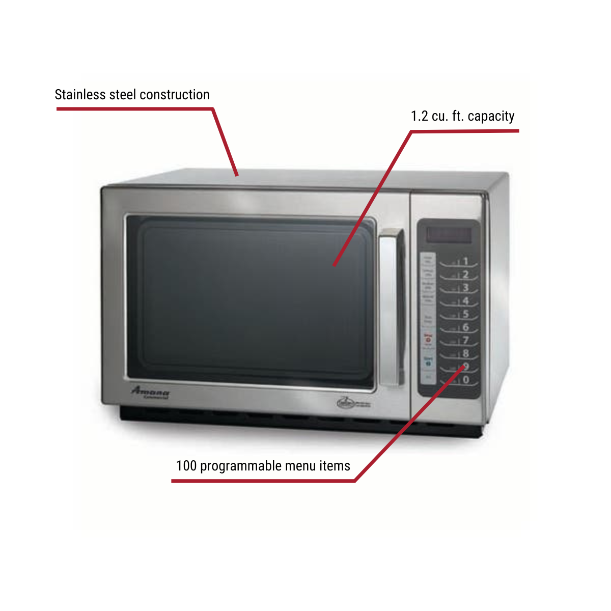 Amana RCS10TS 1.2 cu. ft. 1000 Watt Commercial Large Capacity Programmable Microwave Oven 22"W With Callouts To Stainless Steel Construction, 1.2 cu. ft. Capacity, And 100 Programmable Items