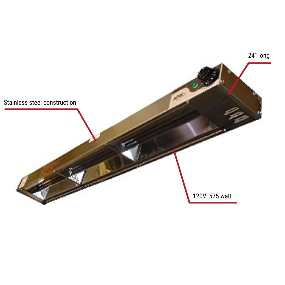 APW Wyott FD-24H-I 575 Watt Heat Strip with Infinite Control 24"L with callouts to stainless steel construction, 24" long, 120v