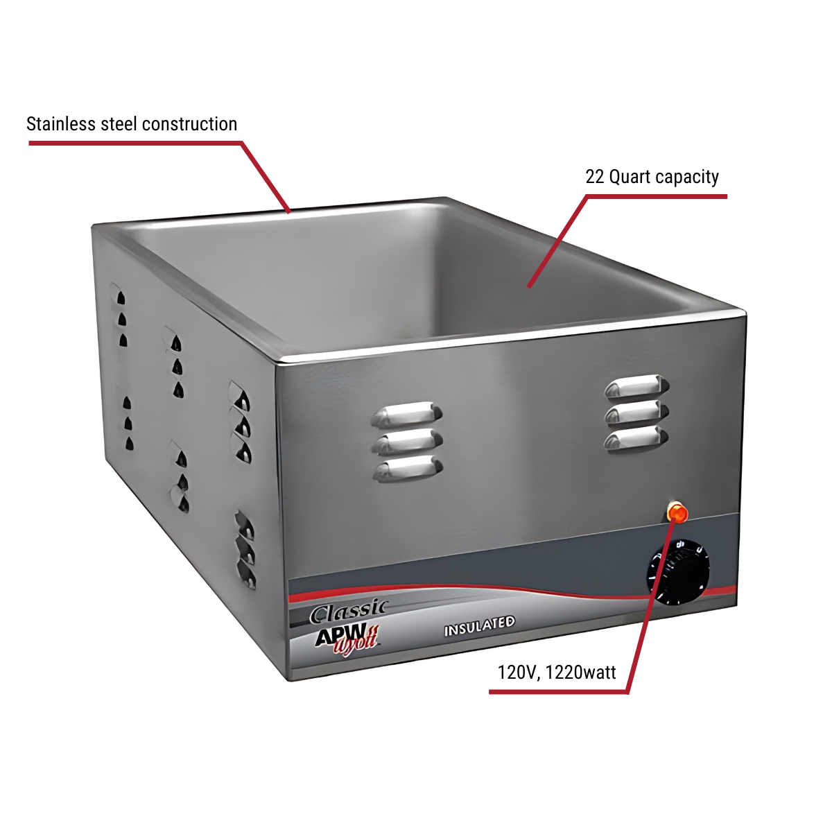APW Wyott Stainless Steel food warmer with callout of stainless steel construction, 22 quart capacity, and 120v.1220 watts.