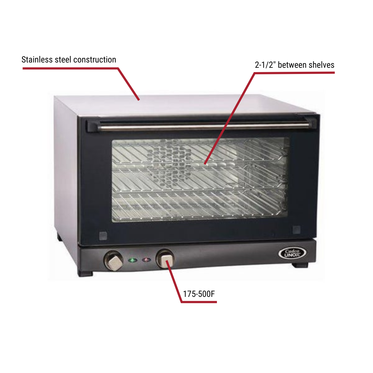 Cadco OV-013 Half Size 120V Electric Countertop Convection Oven 24"W With Callouts to Stainless Steel Construction, 175 to 500 Degrees