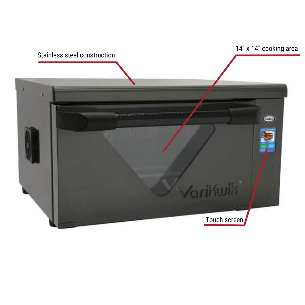 Cadco VKII-220 VariKwik 220V Multi-Use Fast Cooking Oven 25"W With Callouts To Stainless Steel Construction, 14" x 14" Cooking Area, Touch Screen