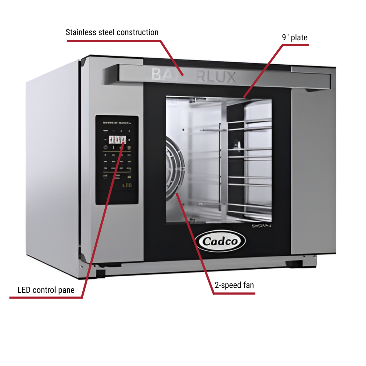 Cadco XAFT-04HS-LD Bakerlux Half Size 208/240V Electric Countertop Convection Oven 23-5/8"W With Callouts to Stainless Steel Construction, 9" Plate, 2 Speed Fan, LED Control Panel