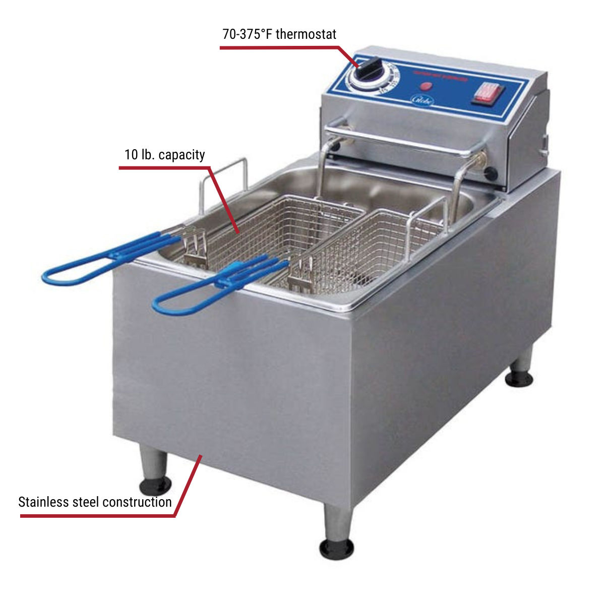 Globe PF10E 10 lb. Electric Countertop Fryer 11-1/8"W With Callouts to 70 to 375 Degree, Stainless Steel Construction