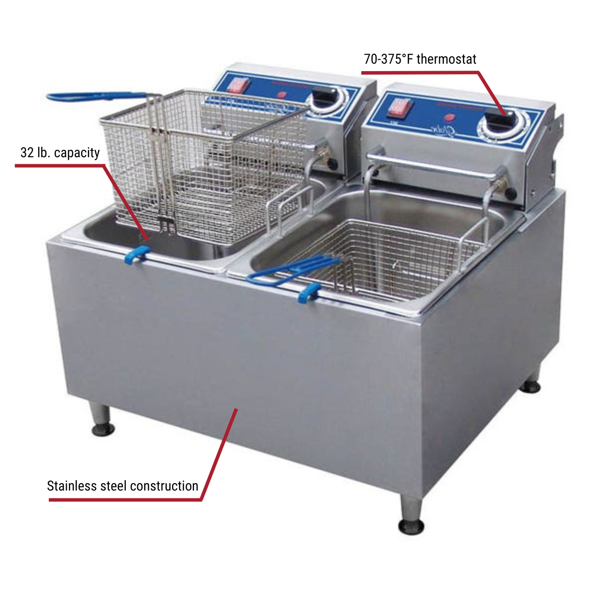 Globe PF32E 32 lb. Electric Countertop Fryer 21-3/4"W Callouts to 70 to 375 Degree Thermostat, Stainless Steel Construction