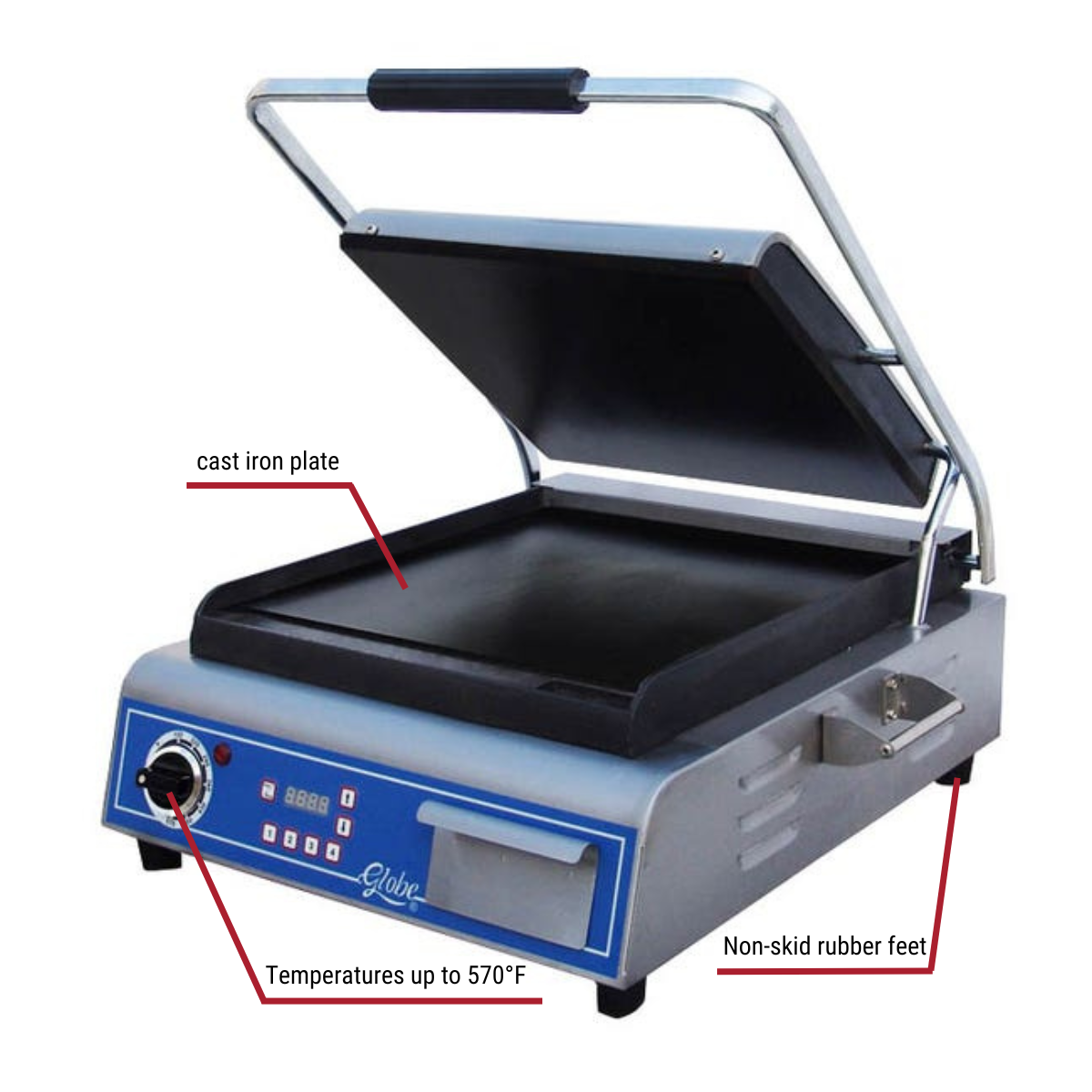 Globe GSG14D 14" x 14" Panini Smooth Surface Sandwich Grill Callouts to Cast Iron Grates, Temp Up To 570 Degrees, Non Slip Feet