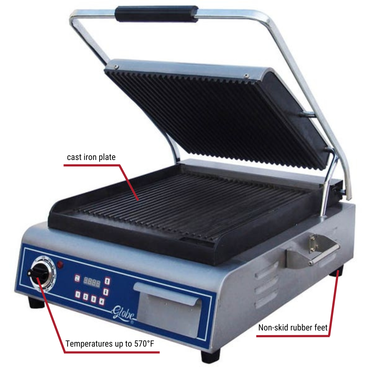 Globe GPG14D 14" x 14" Panini Ribbed Surface Sandwich Grill With Callouts to Cast Iron Grates, Non Skid Feet, Temps Up To 570 Degrees