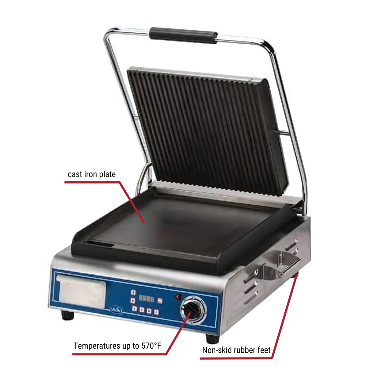 Globe GPGS14D 14" x 14" Panini Ribbed Top Smooth Bottom Sandwich Grill With Callouts to Cast Iron, Temp Up To 570 Degrees, Non Skid Feet