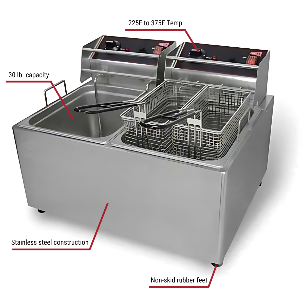 Grindmaster-Cecilware EL2X25(TOGGLE) 30 lb. Medium Duty 240V Electric Countertop Fryer 21-3/4"W With Callouts to 225 to 375 Degree Temp, Stainless Steel, Non Skid Feet