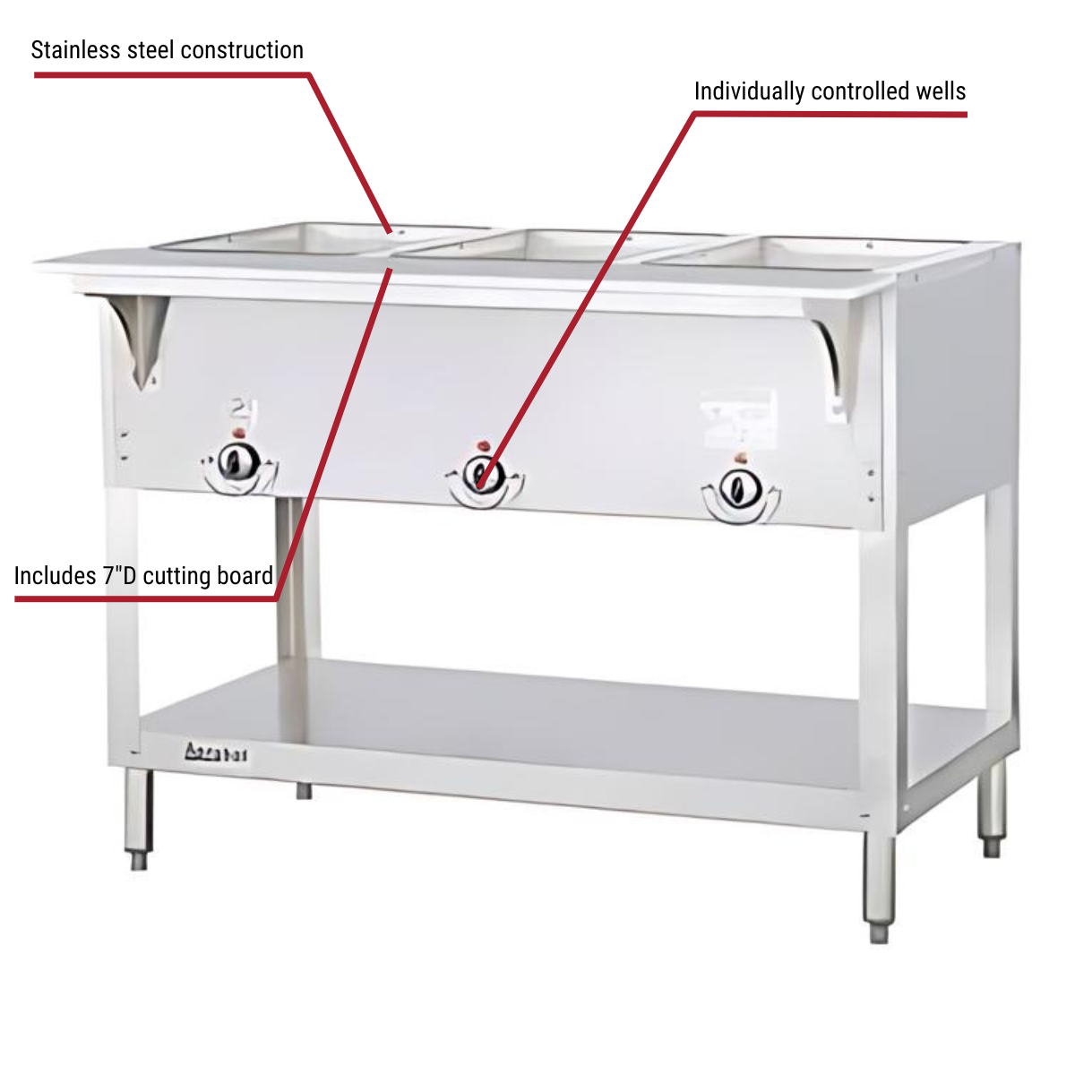 Duke 303-LP 3-Well Liquid Propane Gas Hot Food Table 44-3/8"W With Callouts To Stainless Steel Construction, Individually Controlled Wells, Includes 7" Deep Cutting Board