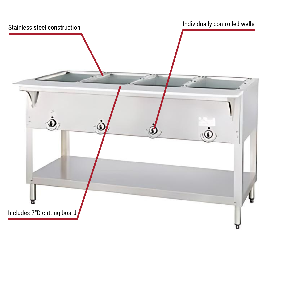 Duke 304-LP 4-Well Liquid Propane Gas Hot Food Table 58-3/8"W With Callouts to Stainless Steel Construction, Individually Controlled Wells, Includes 7" Deep Cutting Board