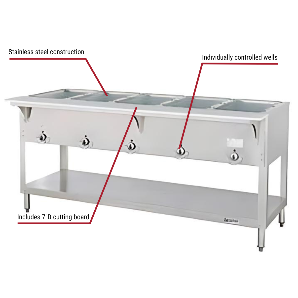 Duke 305-LP 5-Well Liquid Propane Gas Hot Food Table 72-3/8"W With Callouts to Stainless Steel Construction, Individually Controlled Wells, 7" Deep Cutting Board