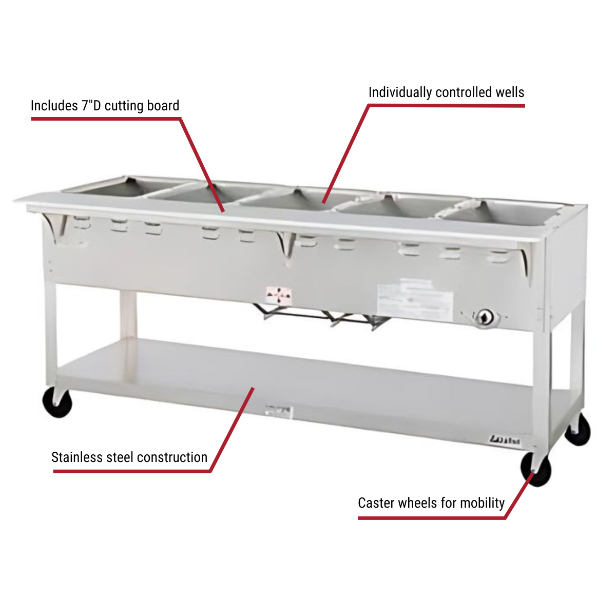 Duke EP305-208-1 5-Well Portable 208V Electric Hot Food Table 72-3/8"W Callouts to &"Deep Cutting Board, Individually Controlled Wells, Stainless Steel Construction, Casters
