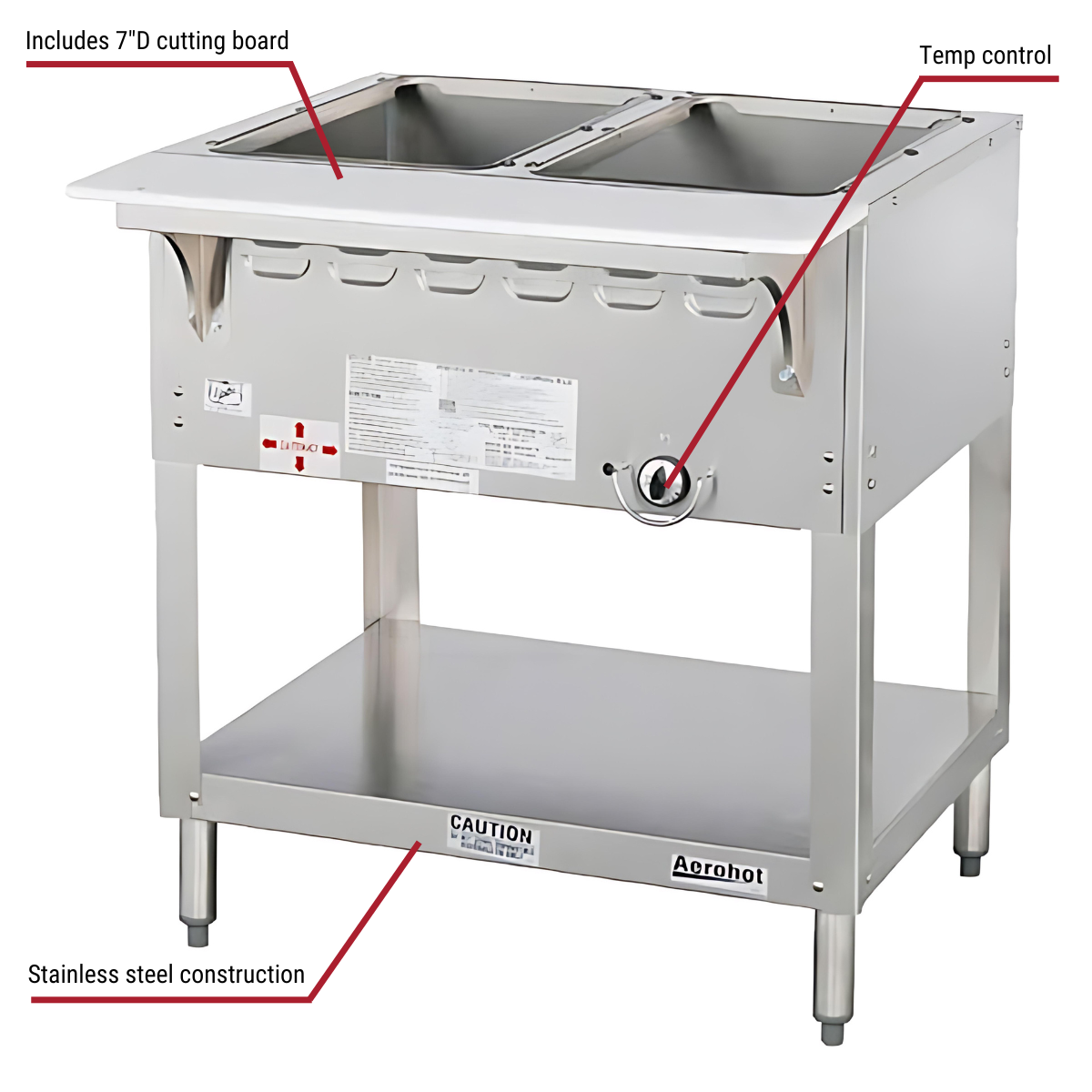 Duke WB302 2-Well Natural Gas Wet Bath Hot Food Table 30-3/8"W With Callouts to 7" Deep Cutting Board, Temp Control, Stainless Steel Construction