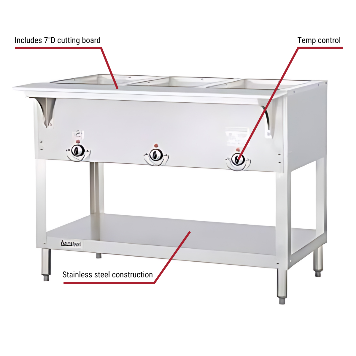 Duke 303-NAT 3-Well Natural Gas Hot Food Table 44-3/8"W Callouts to 7" Deep Cutting Board, Temp Control, Stainless Steel Construction