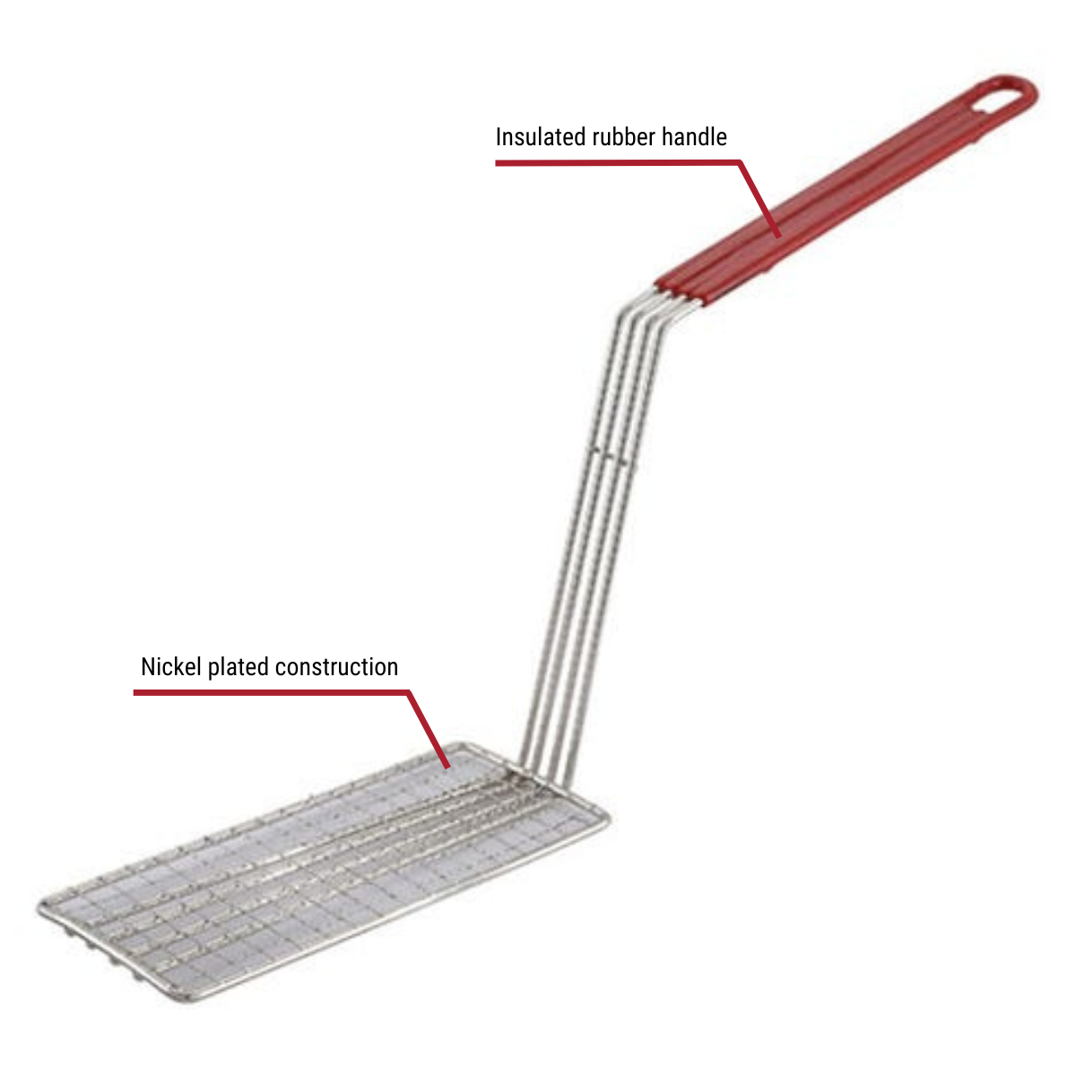 Winco FB-PS Hold Down Fry Basket Press / Skimmer with 11" Handle with Callouts to Insulated Rubber Handle, Nickel Plated Costruction