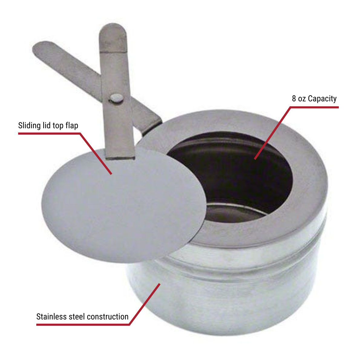 Winco C-F1 8 oz. Chafer Fuel Holder Callouts to Sliding Lid Top Flap, Stainless Steel Construction