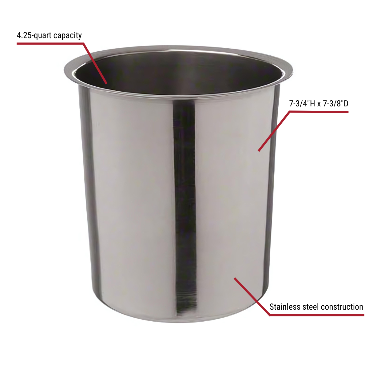 4.25-Quart Stainless Steel Bain Marie Pot With Callouts to Dimensions & Stainless Steel