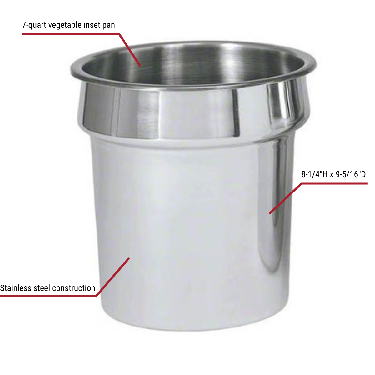Winco 7-Quart Stainless Steel Vegetable Inset Pan With Callouts to Capacity, Size, And Stainless Steel