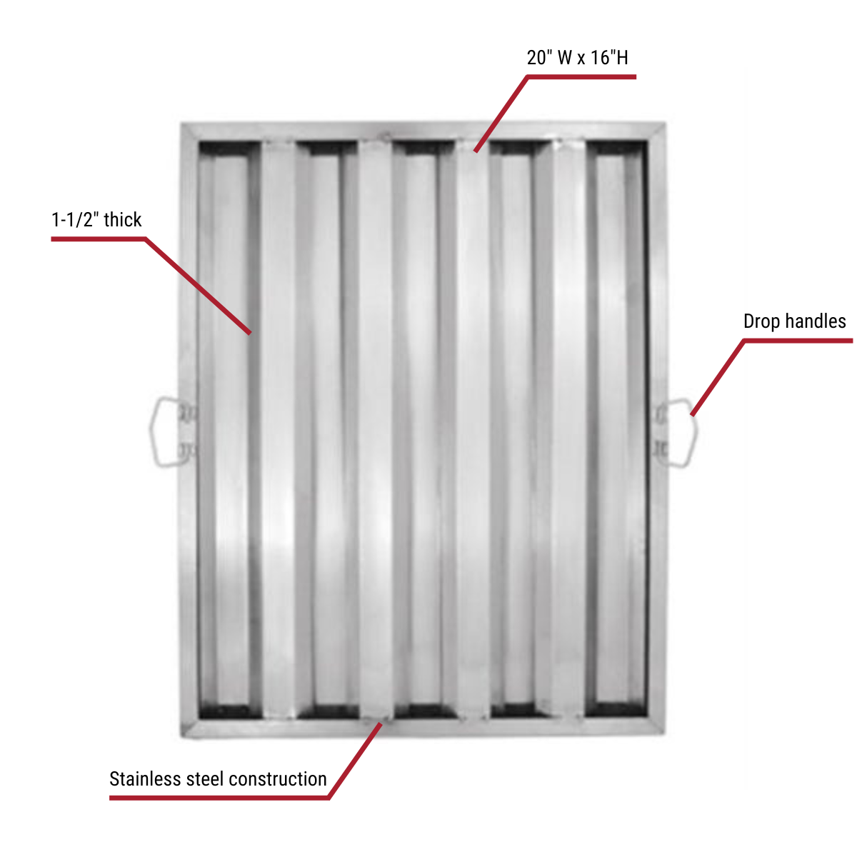 Stainless Steel Hood Filter 20"W x 16"H With Callouts to 1/12" Thick, Drop Handles
