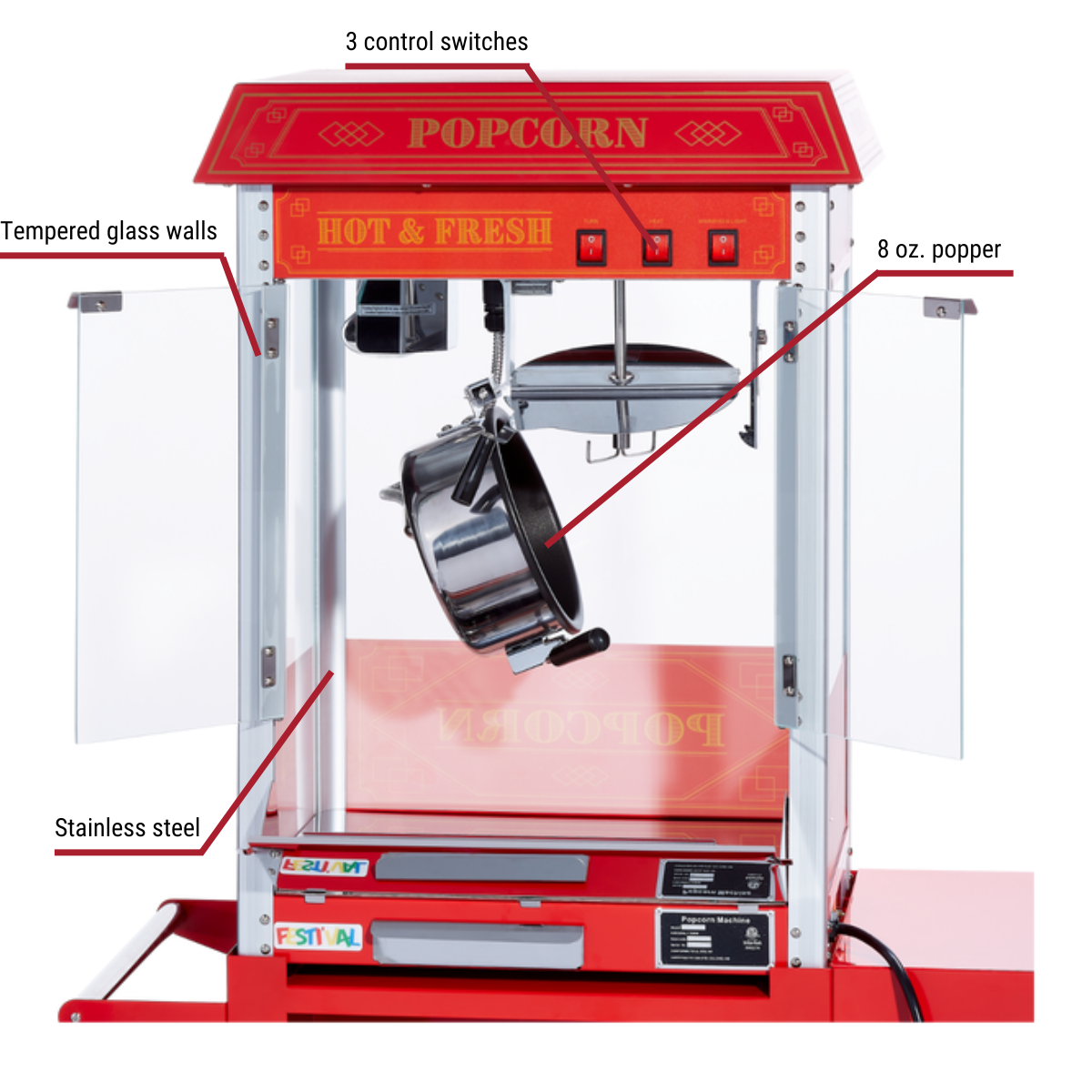 Festi'val 8 oz. Luxury Red Popcorn Popper With Callouts to 3 Control Switches, Tempered Glass, Stainless Steel