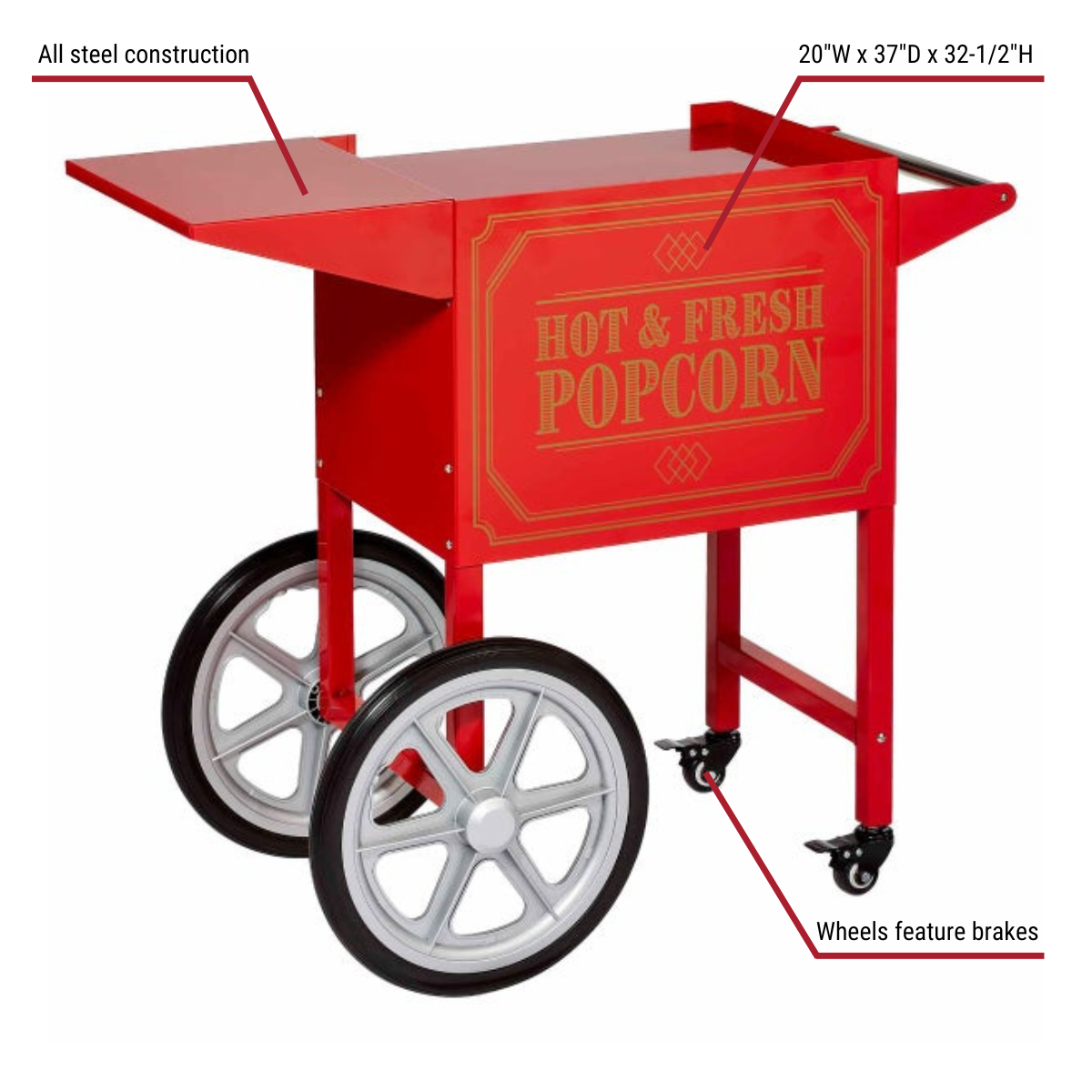 Festi'val Trolley Cart for 8 oz. Popcorn Machine With Callouts to All Steel Construction, Wheels, Feature Brakes
