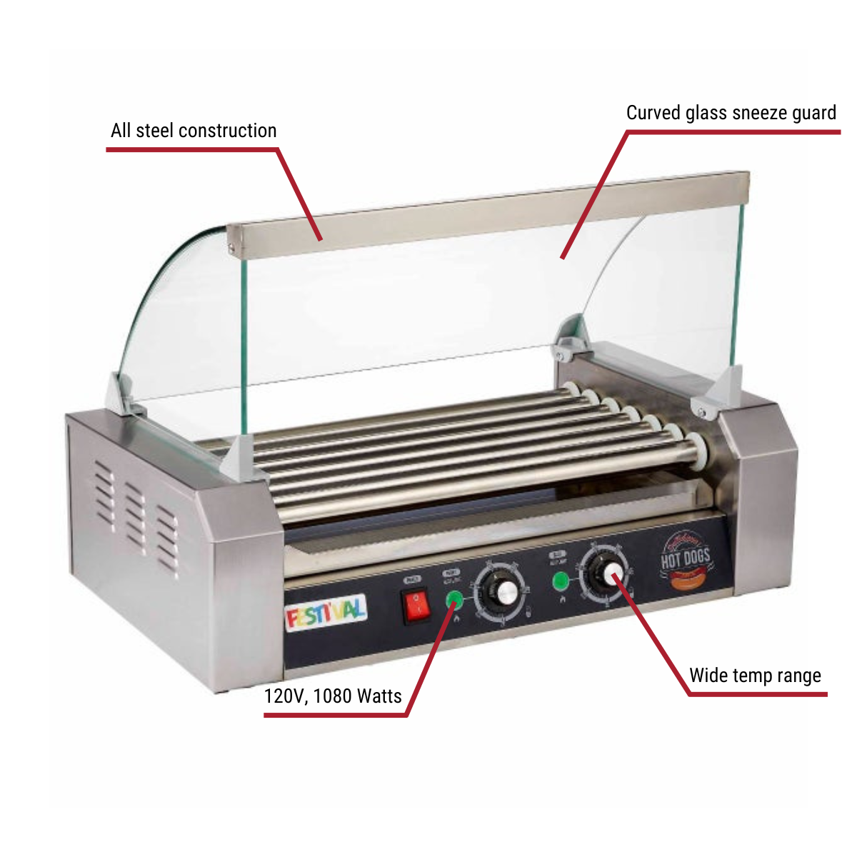 Festi'val 24 Hot Dog Roller with Curved Glass Sneeze Guard With Callouts to Stainless Stee, 120V, 1080W, Wide Temp Range