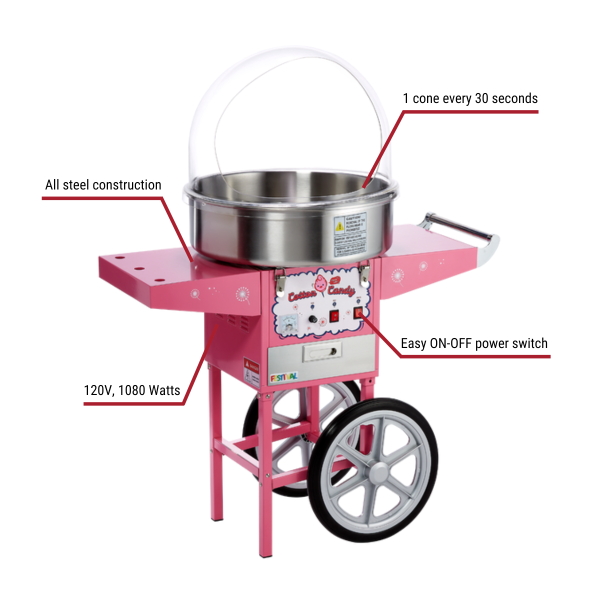 Festi'val Cotton Candy Machine with Aluminum Bowl and Cart With Callouts to All Steel Construction, 120V, 1080W, Easy ON-OFF Power Switch