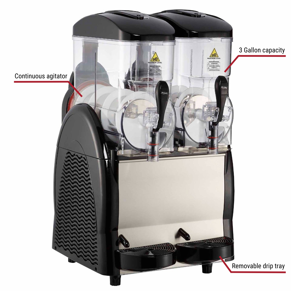 Berg double 3 gallon granita with callouts to continuous agitator, 3 gallon capacity, and removable drip tray