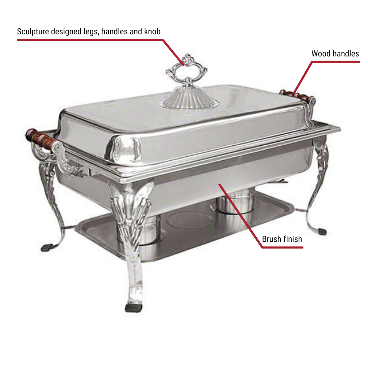 LAF-7 8-Quart Full Size Stainless Steel Chafer With Callouts to Sculptured Features, Wood Handles, Brush Finish