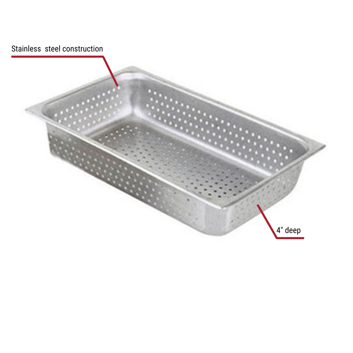 Full Size Perforated Stainless Steel Food Pan 4" Deep With Callouts to Stainless Steel & Depth