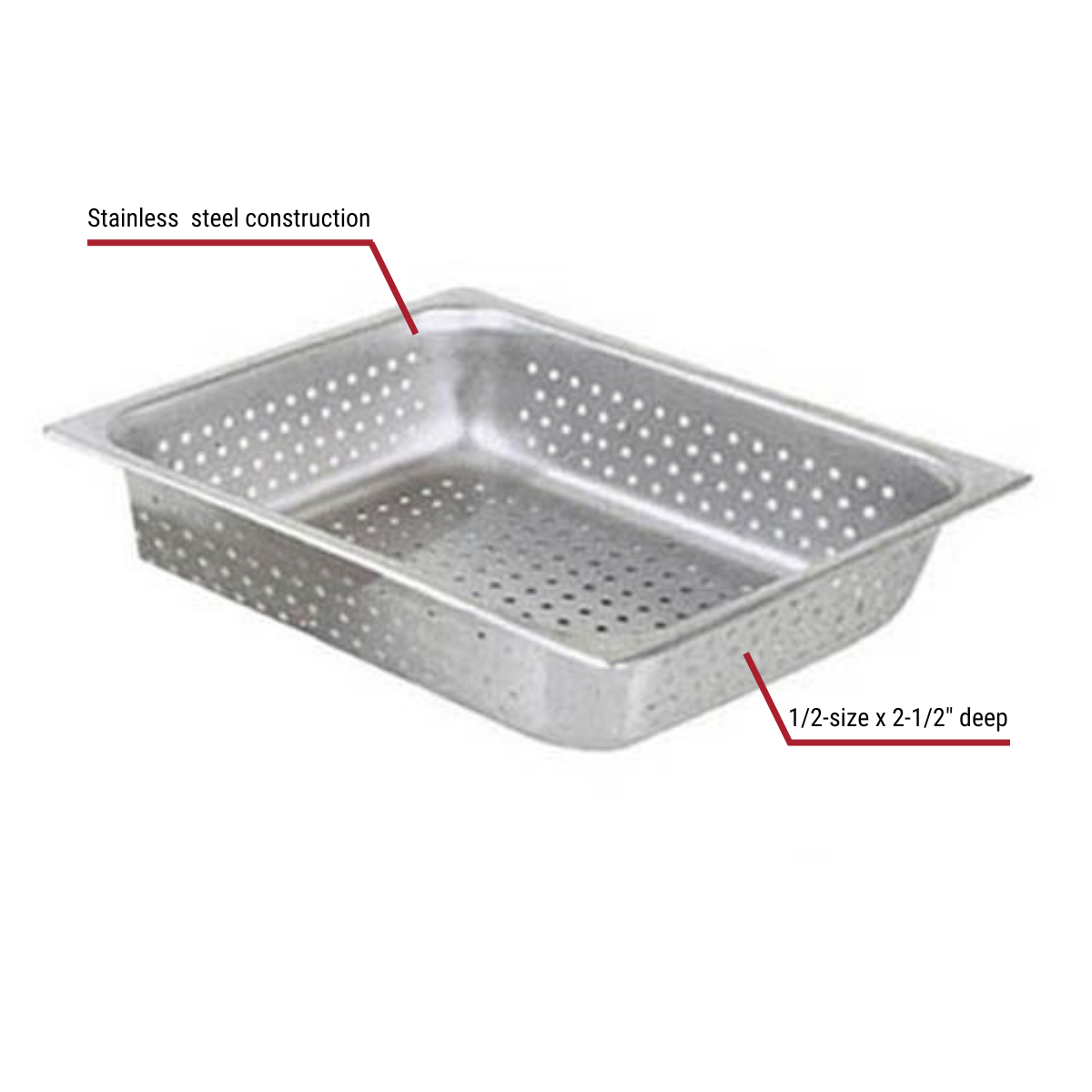 1/2-Size Perforated Stainless Steel Food Pan 2-1/2" Deep With Callouts to Stainless Steel & Depth