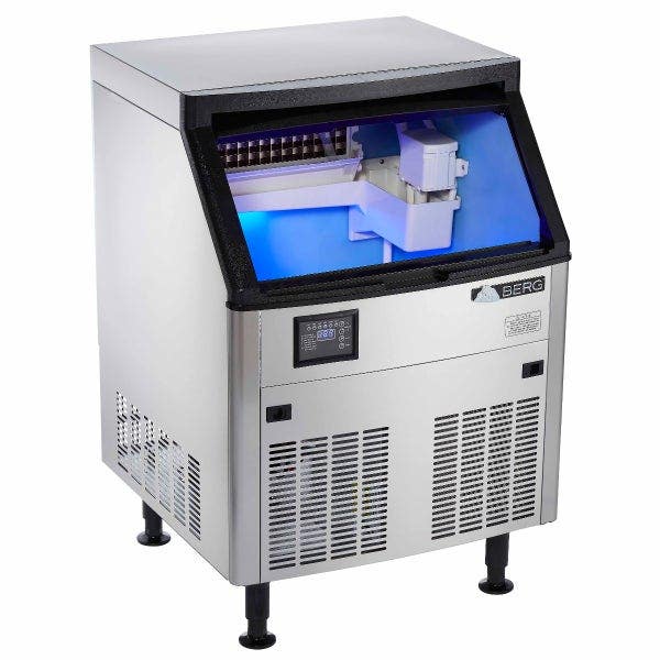 Berg stainless steel under counter ice machine with lid raised