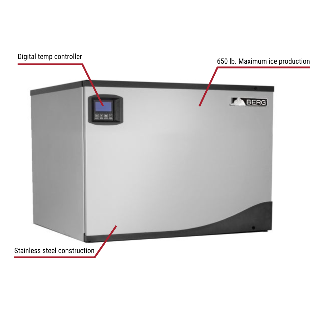 Berg BIM-650F 650 lb. Full Dice Air Cooled Ice Machine 30"W With Callouts to Digital Temp Controller, Stainless Steel Construction