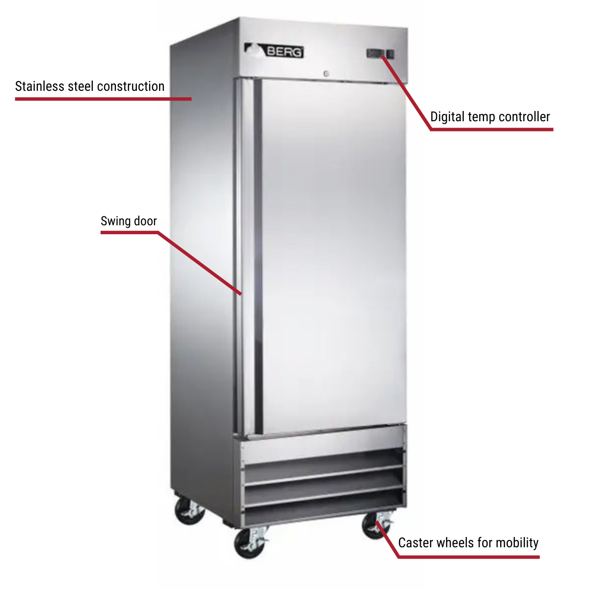 Berg BSFZ-1D/19 15.6 cu.ft. 1-Door Bottom Mount Reach-In Freezer 29"W With Callouts to Stainless Steel Construction, Digital Temp Controller, Swing Door, Casters