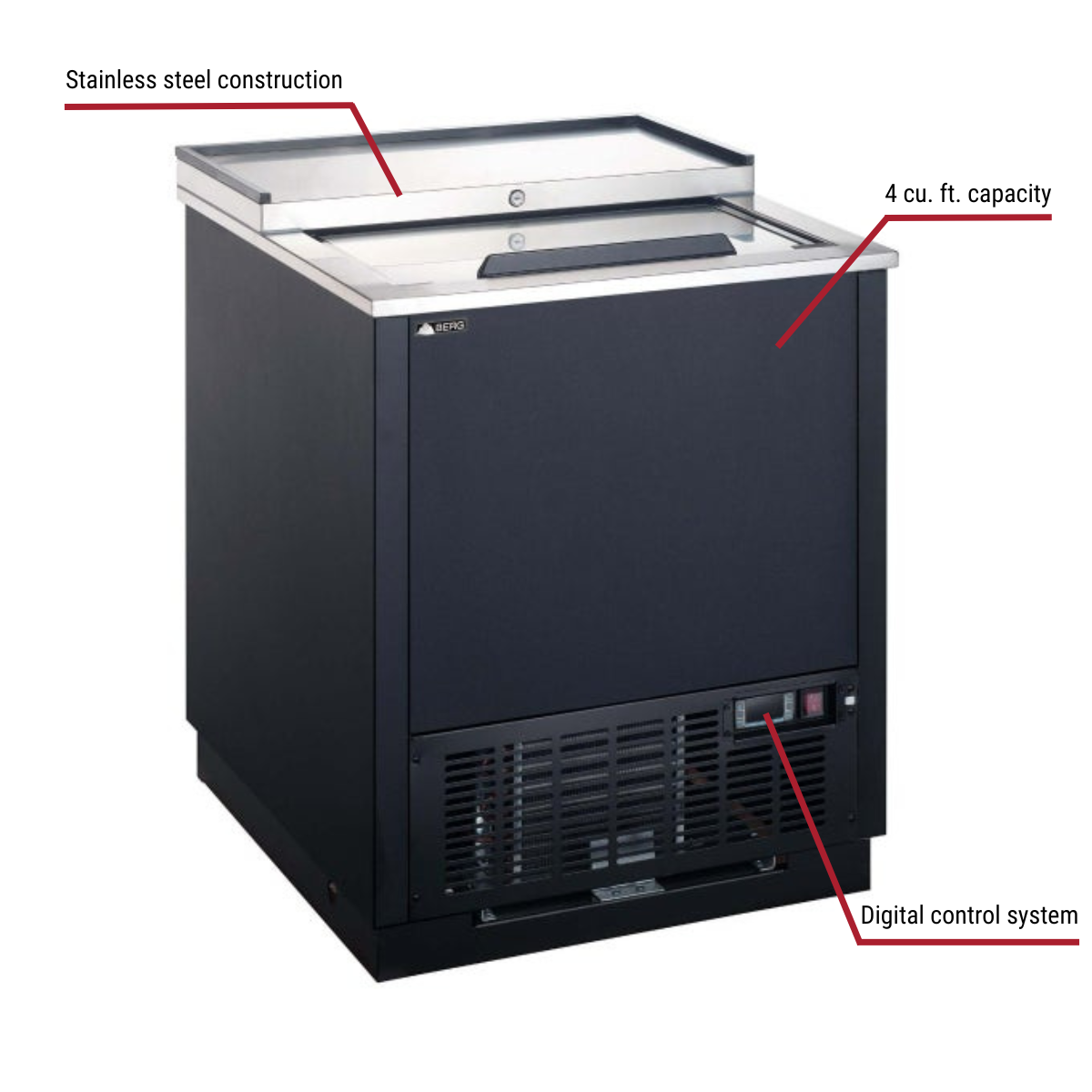 Berg BSGF-1L 4 cu. ft. Glass and Plate Froster 26-1/2"W Callouts to Stainless Steel Construction, Digital Control System