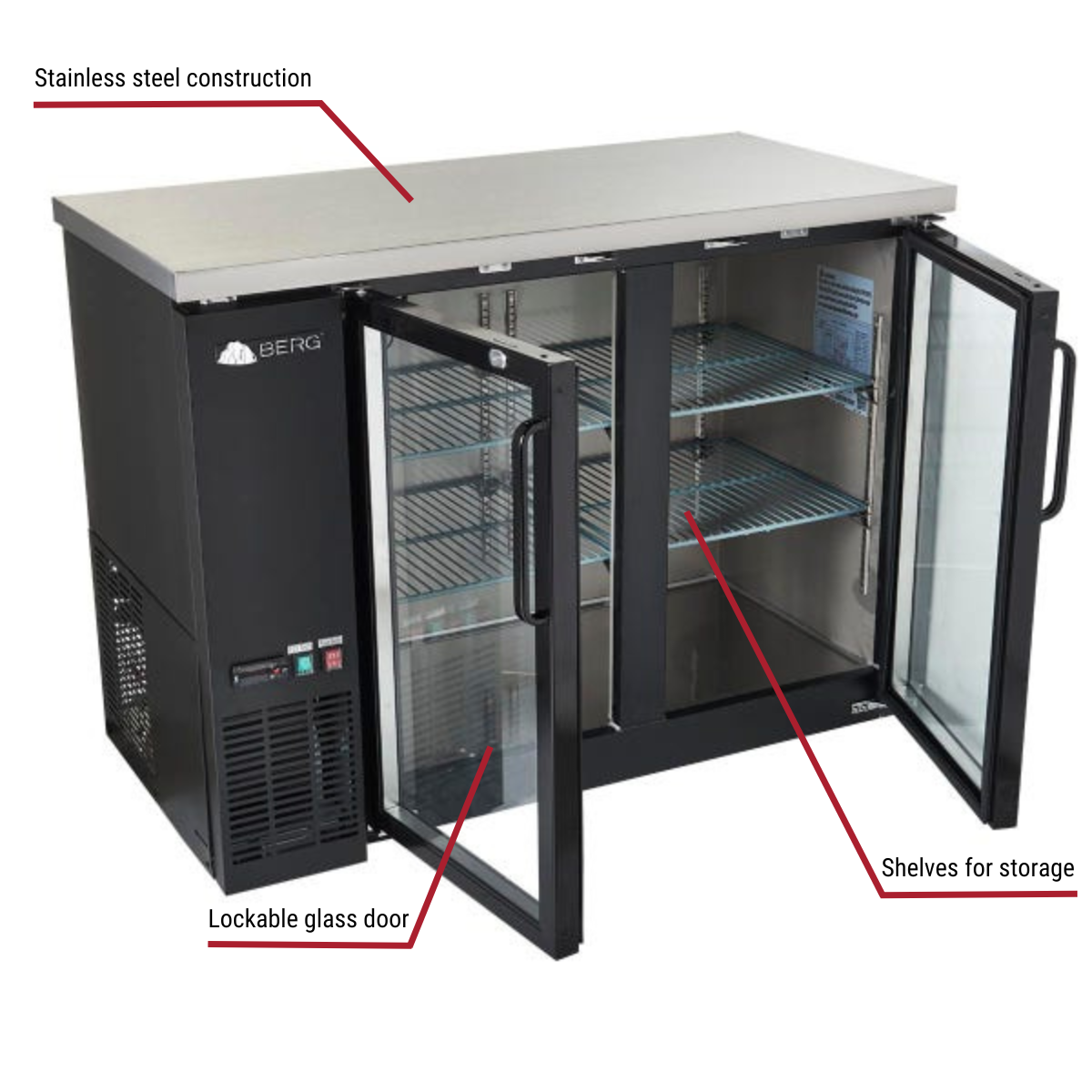 Berg BBB-4824G Narrow Depth Stainless Steel Top Black Back Bar Cooler with Glass Doors 48-3/4"W With Callouts to Stainless Steel, Lockable Glass Door, Storage Shelves