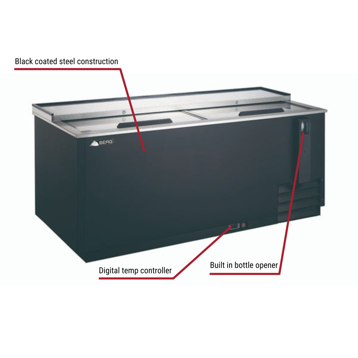 Berg BBC-65 Black Bottle Cooler 64-1/2"W With Callouts to Black Coated Steel Construction, Digital Temp Controller, Built In Bottle Opener