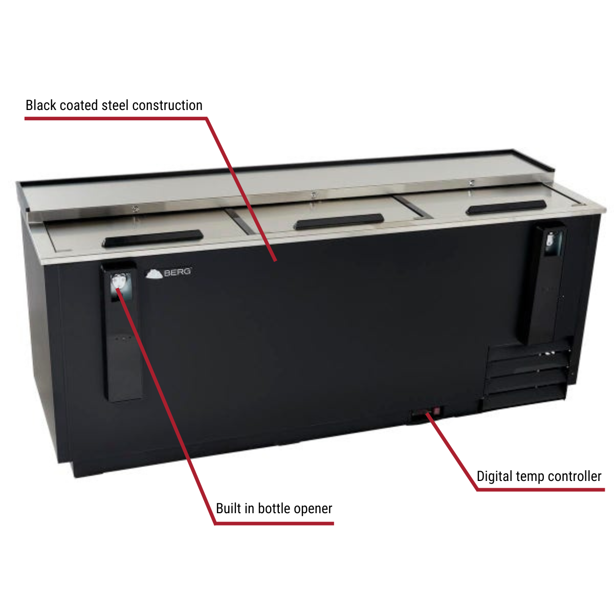 Berg BBC-80 Black Bottle Cooler 79-1/2"W With Callouts to Black Coated Stainless Steel, Built in Bottle Opener, Digital Temp Control