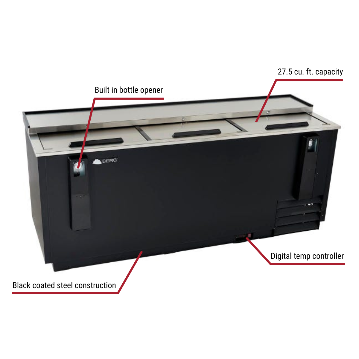 Berg BBC-95 Black Bottle Cooler 95-1/4"W With Callouts to Built In Bottle Opener, Capacity, Temp Controller, Black Coated Stainless Steel