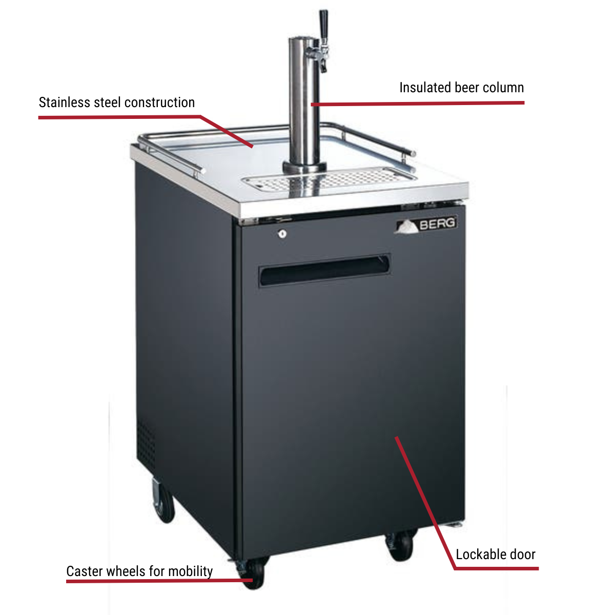 Berg BBD-2428 1-Keg Portable Black Beer Dispenser 23-1/2"W With Callouts to Stainless Steel Construction, Insulated Beer Column, Lockable Door, Casters