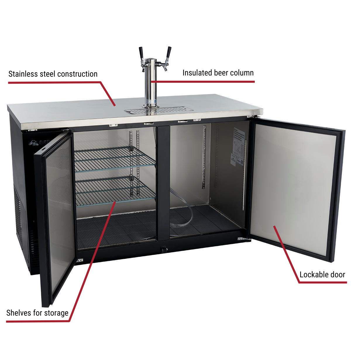 Berg BBD-5928/2 2-Keg Black Beer Dispenser 59"W With Callouts to Stainless Steel Construction, Insulated Beer Column, Shelves for Storage, Lockable Doors