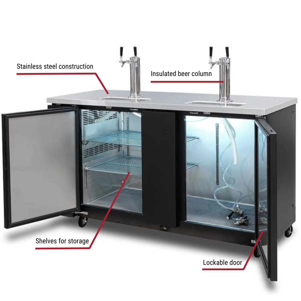 Berg BBD-6928/2 3-Keg Black Beer Dispenser 69-1/8"W With Callouts to Stainless Steel Construction, Insulated Beer Column, Shelves for Storage, Lockable Door