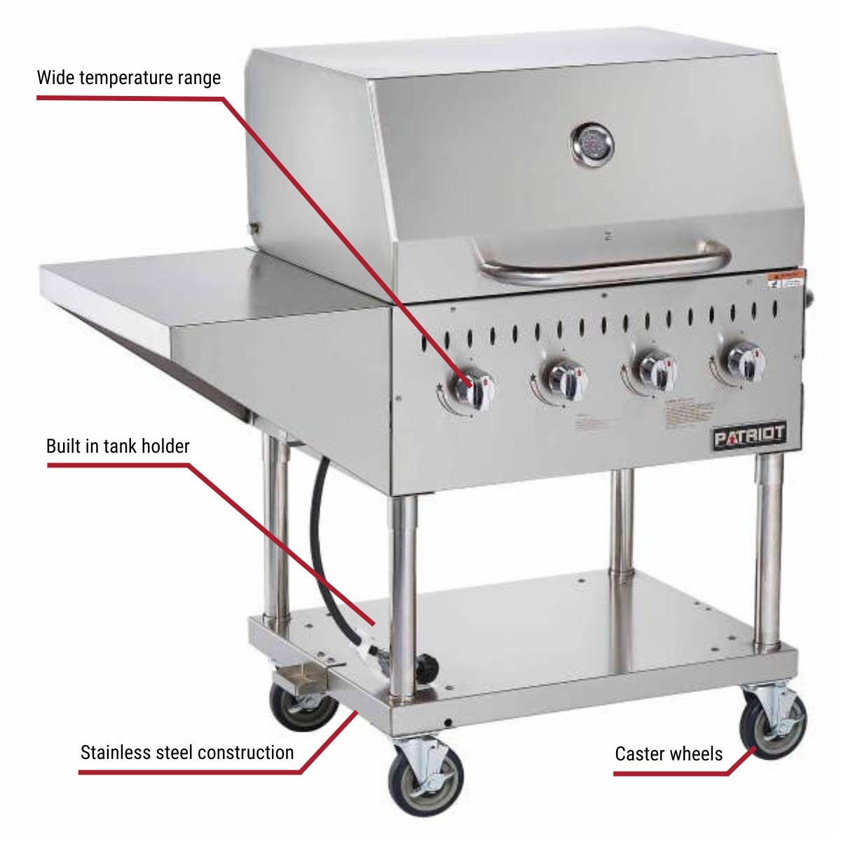 Patriot Commercial Outdoor LP Grill with Roll Top and Side Shelf With Callouts to Temp Range, Tank Holder, Stainless Steel, Caster Wheels
