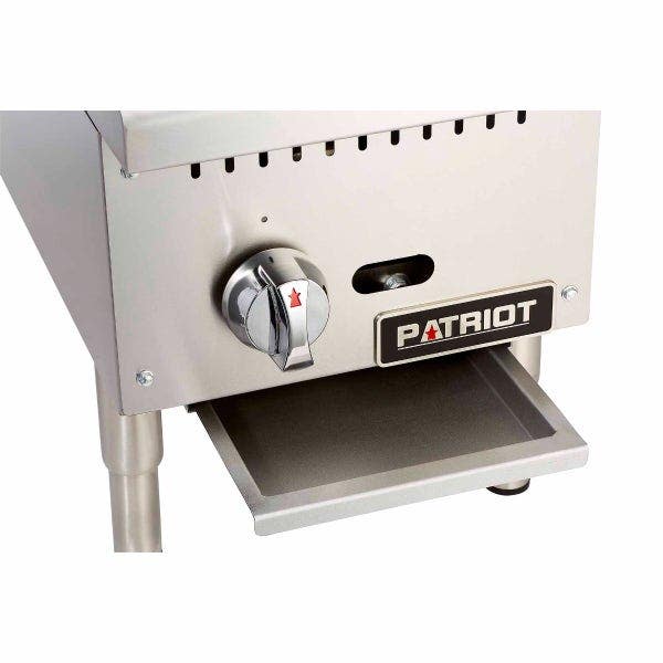 Patriot PT-CB12-M Gas Radiant Charbroiler 12"W Close Up of Knob & Drip tray