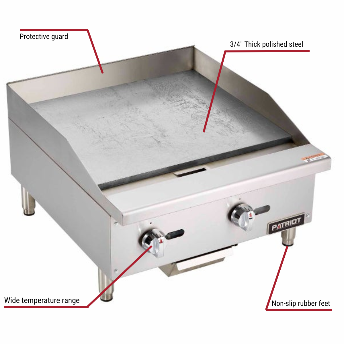 Patriot PT-G24-M 60,000 BTU Manual Control Gas Griddle 24"W With Callouts to Protective Guard, Polished Steel, Wide Temp Range, and Non Slip Feet