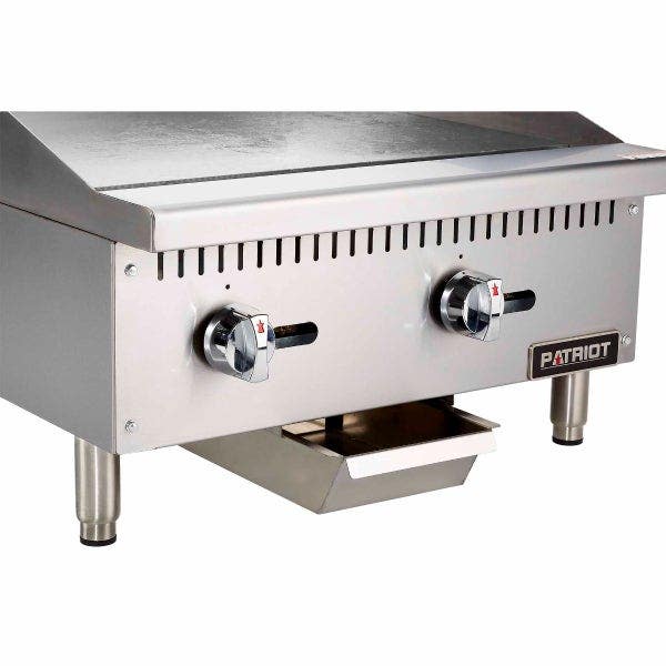 Close Up of Knobs & Tray On Patriot PT-G24-M 60,000 BTU Manual Control Gas Griddle 24"W